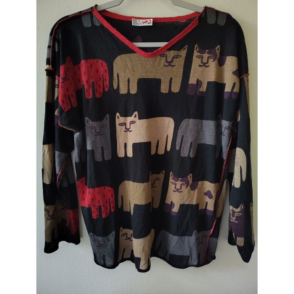 Michaele Vollbracht Vintage Cat Print Top Small Artsy Boho Lagenlook Stitch Rare
